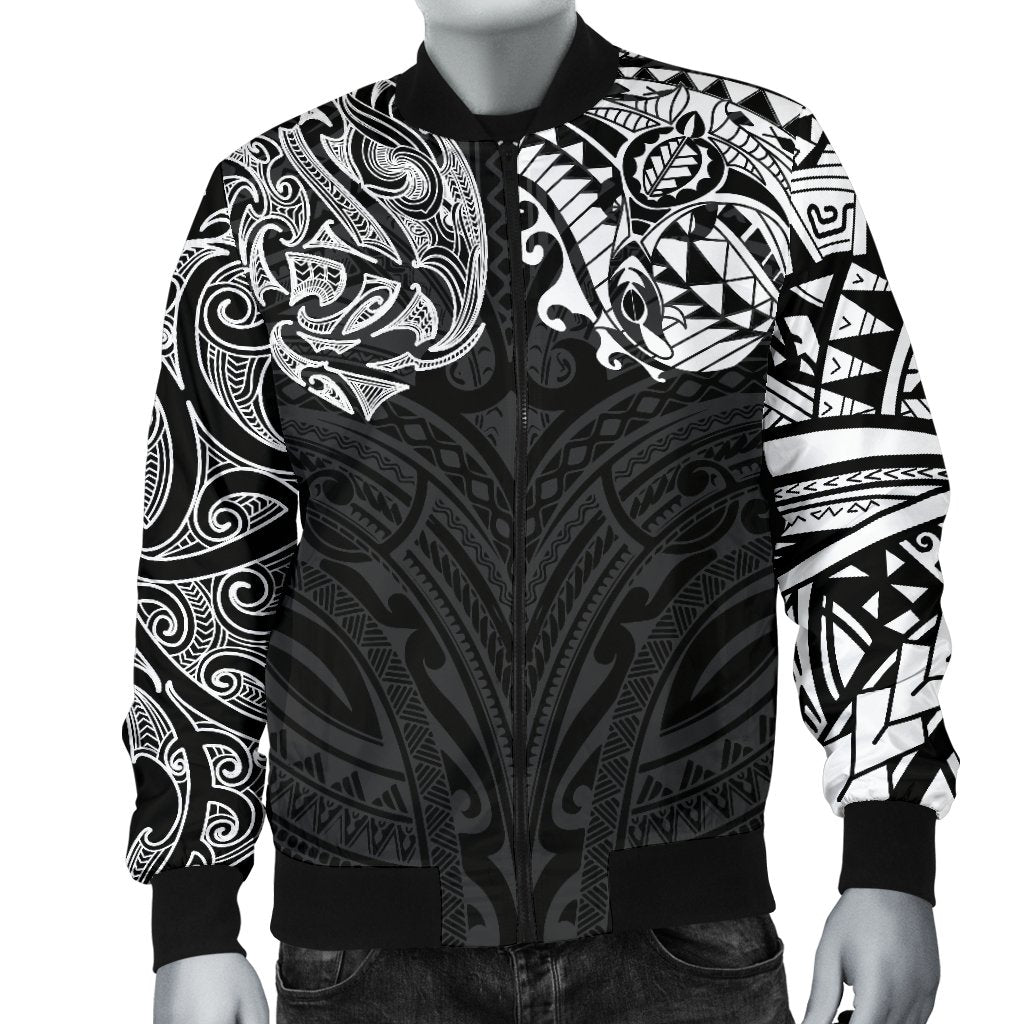 New Zealand Men's Bomber Jacket, Maori Polynesian Tattoo White - Vibe Hoodie Shop