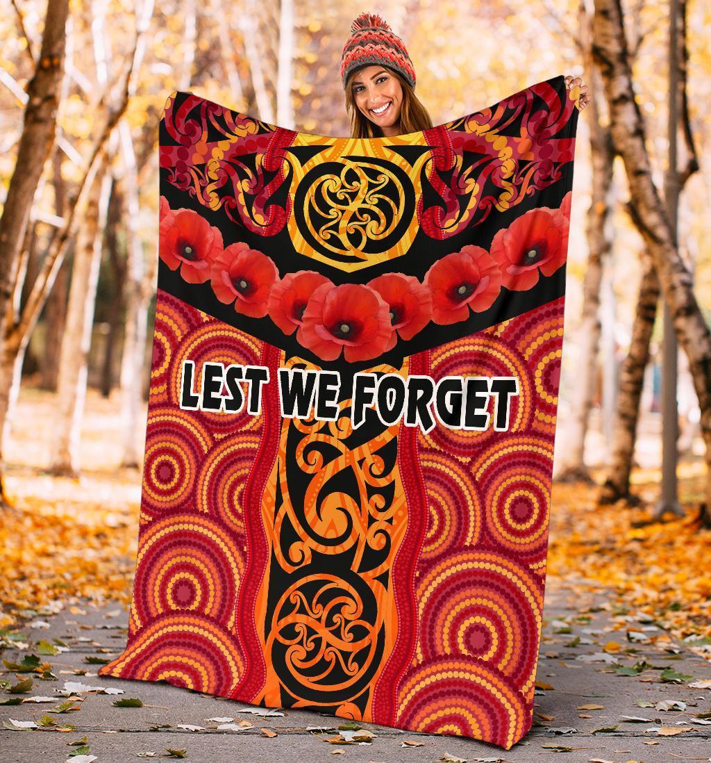 ANZAC Lest We Forget Poppy Premium Blanket New Zealand Maori Silver Fern - Australia Aboriginal - Vibe Hoodie Shop