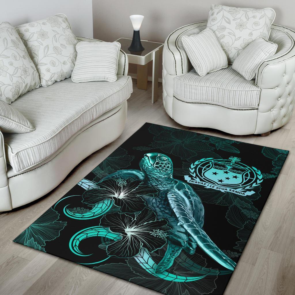 Samoa Polynesian Area Rugs - Turtle With Blooming Hibiscus Turquoise - Vibe Hoodie Shop