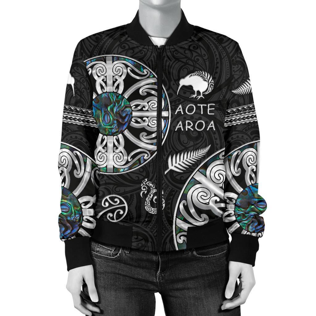 New Zealand Aotearoa Women Bomber Jacket, Maori Mangopare Paua Shell - Vibe Hoodie Shop