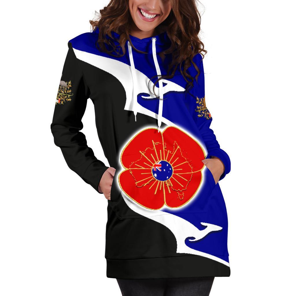 ANZAC Hoodie Dress - Lest We Forget Poppy Map Kangaroo Blue - Vibe Hoodie Shop