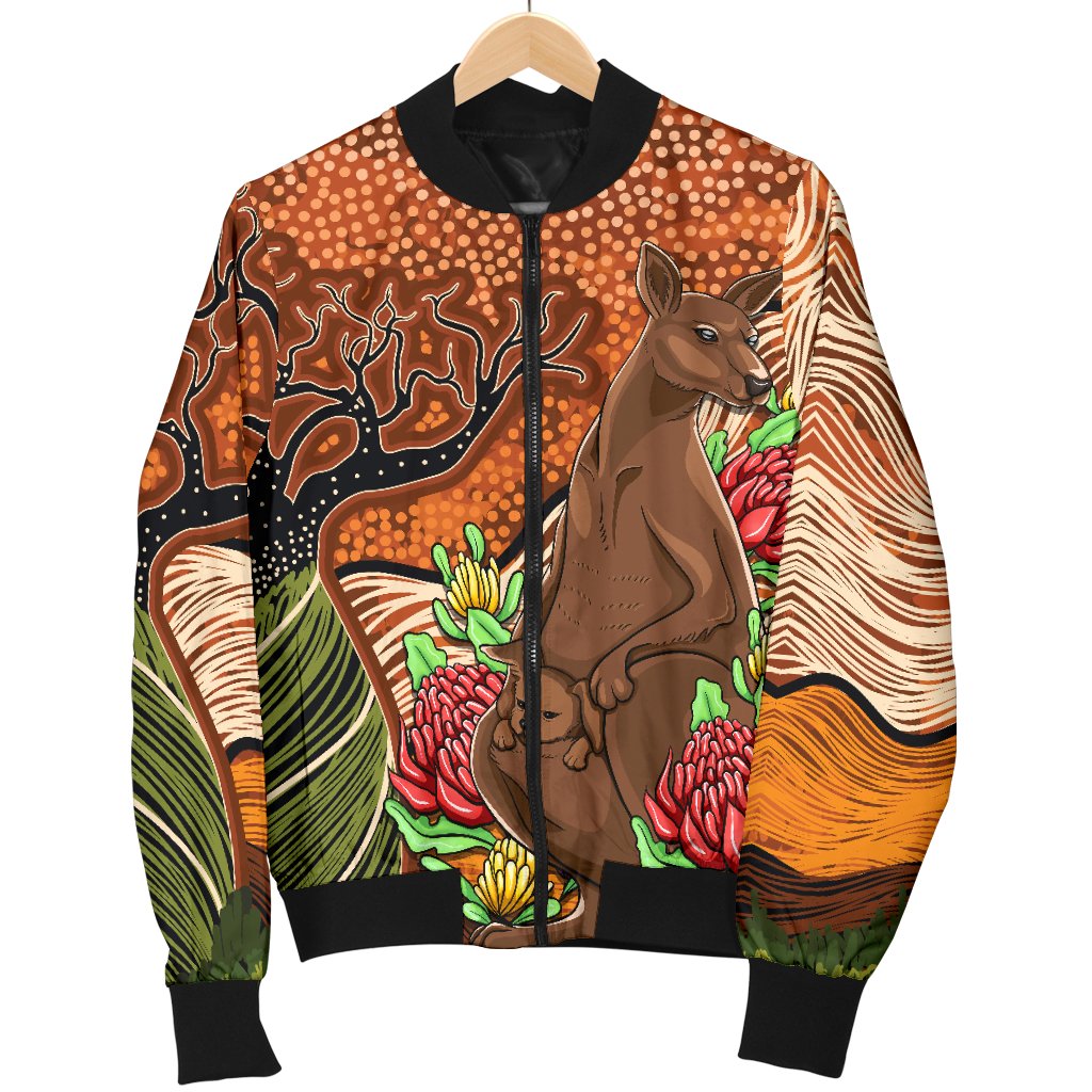 Aboriginal Men's Bomber Jacket - Kangaroo With Indigenous Tree - Vibe Hoodie Shop