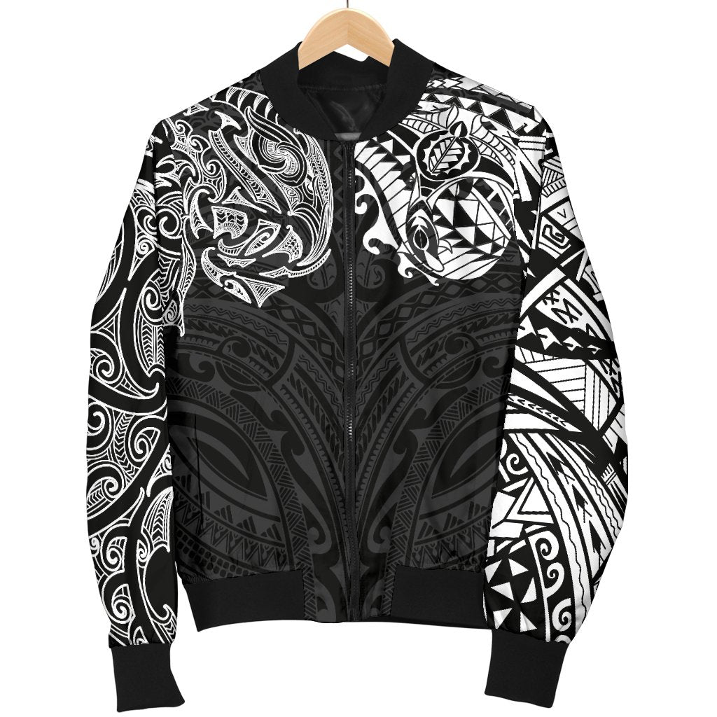 New Zealand Women's Bomber Jacket, Maori Polynesian Tattoo White - Vibe Hoodie Shop