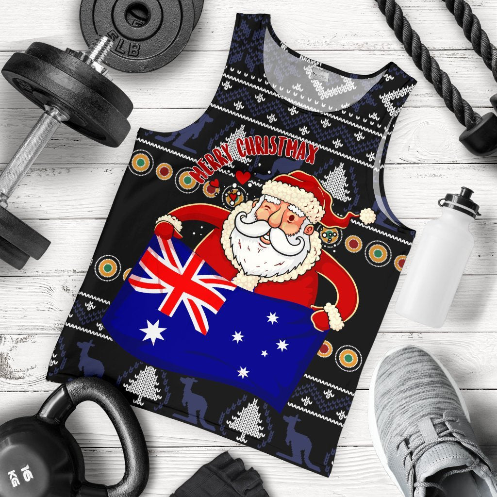 Christmas Men's Tank Top - Australia Santa Claus Hold The Flag (Black) - Vibe Hoodie Shop