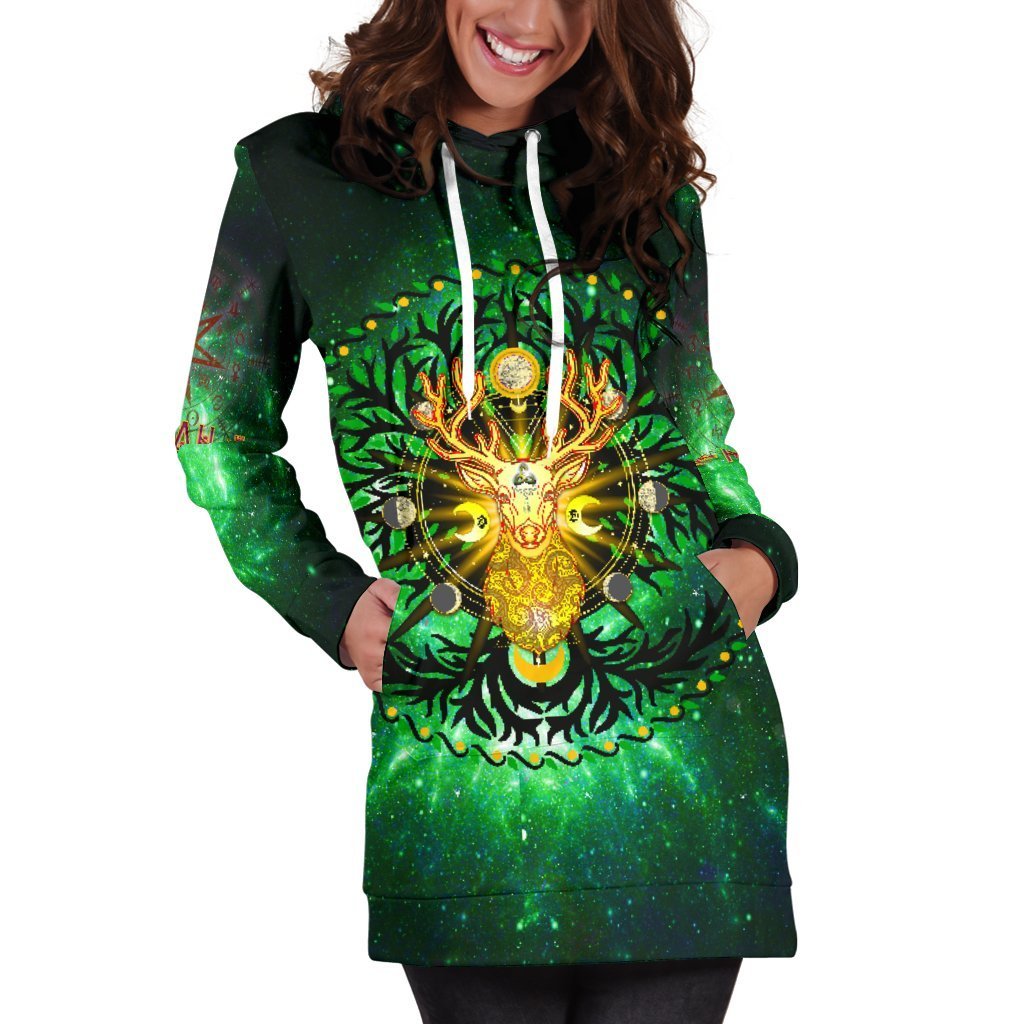 Celtic Pagan Deer Women's Hoodie Dress - Moon Phases Deer with Tree of Life - Vibe Hoodie Shop