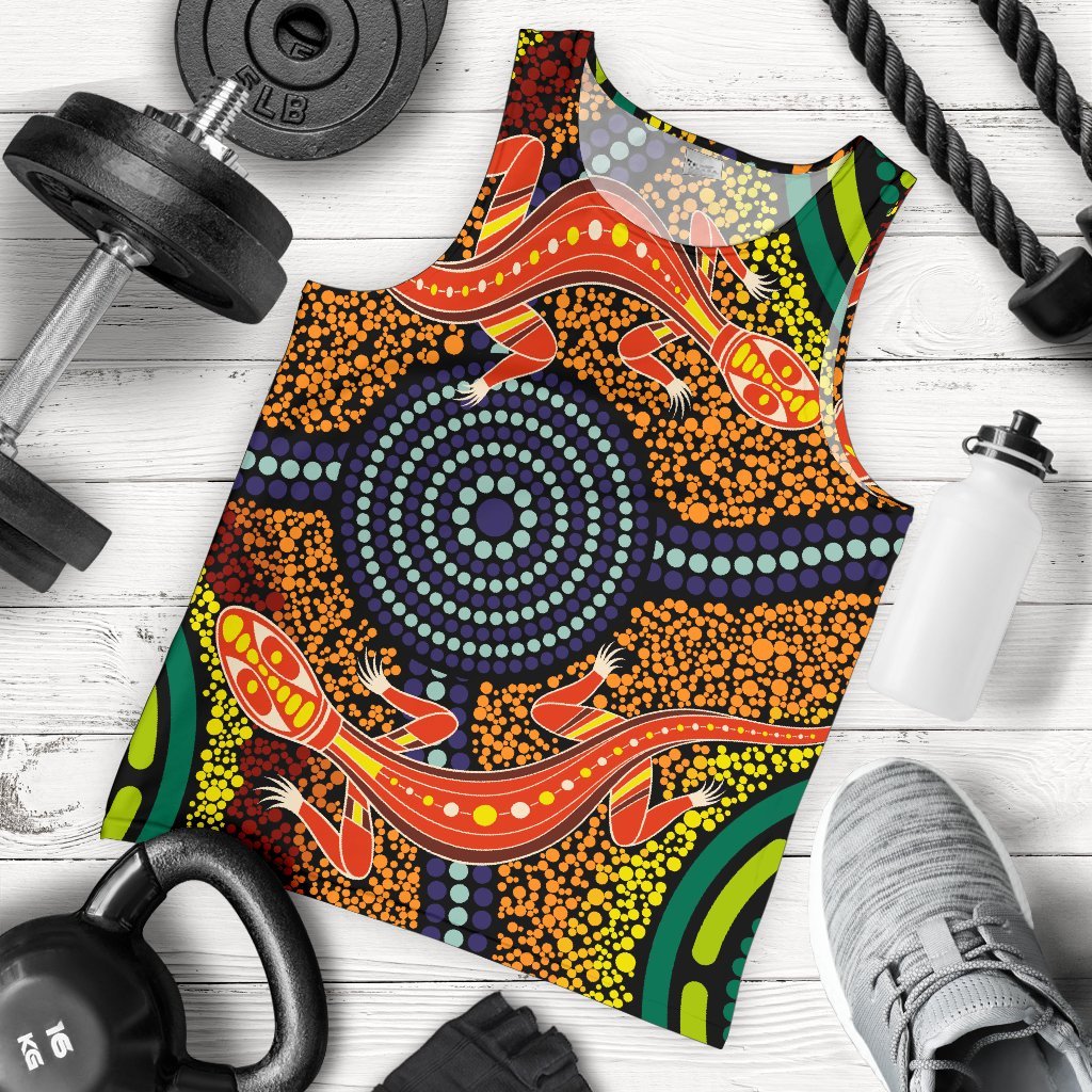 1st Australia Men Tank Top - Aboriginal Two Lizards Dot Painting Circle - Vibe Hoodie Shop