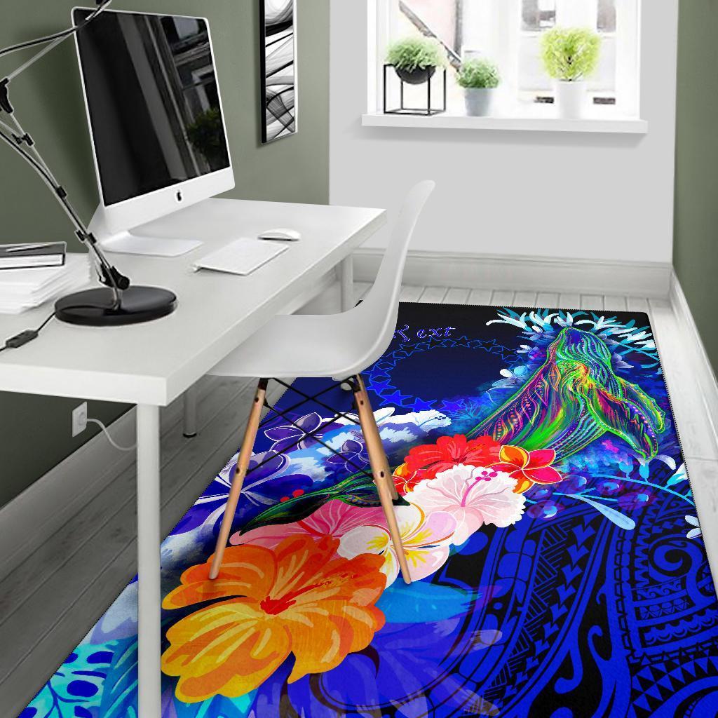 Cook Islands Custom Personalised Area Rug - Humpback Whale with Tropical Flowers (Blue) - Vibe Hoodie Shop