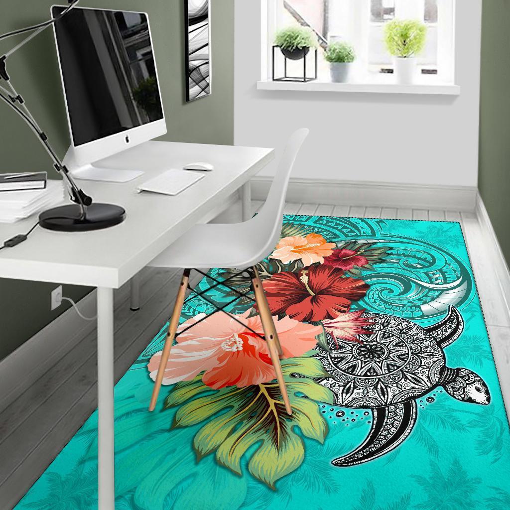 Turtle Polynesian Area Rug Hibiscus Polynesian Turquoise - Vibe Hoodie Shop