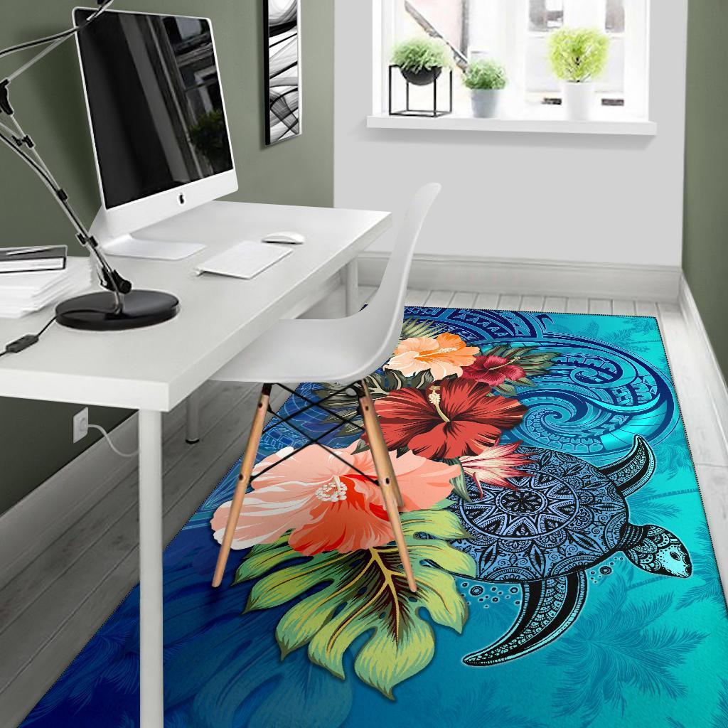 Turtle Polynesian Area Rug Hibiscus Polynesian Blue - Vibe Hoodie Shop