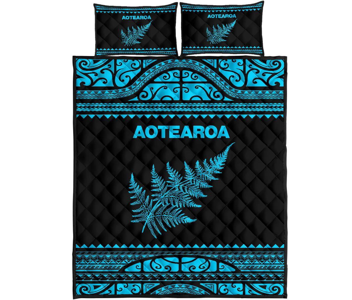 Aotearoa New Zealand Maori Quilt Bed Set Silver Fern Blue - Vibe Hoodie Shop