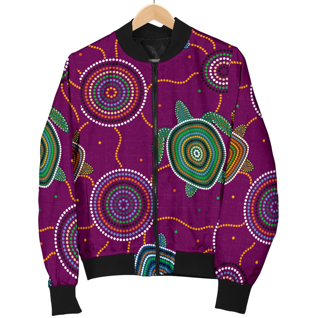 Women Bomber Jacket - Aboriginal Turtle Purple Australia Dot Patterns - Vibe Hoodie Shop
