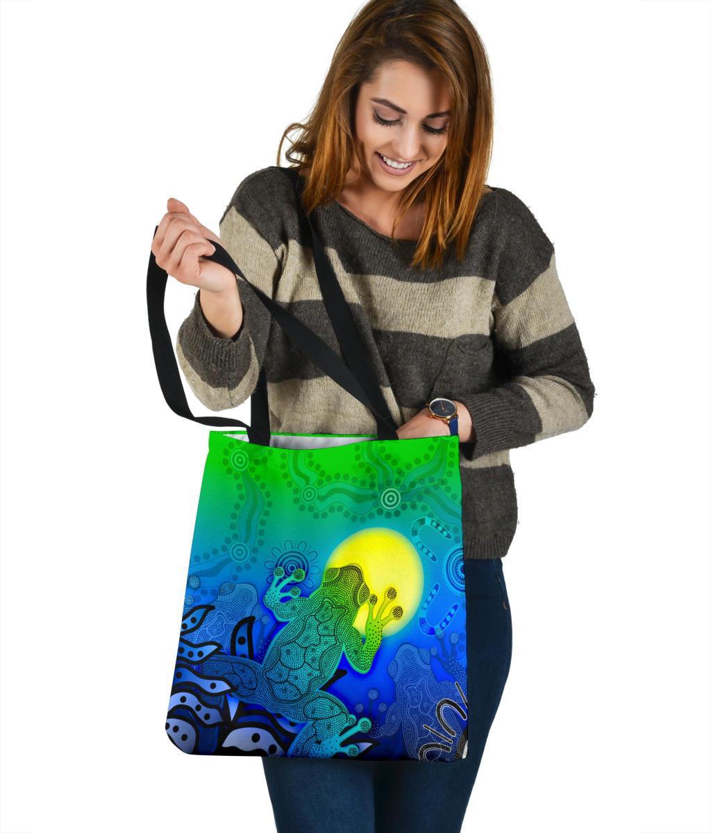 aboriginal-tote-bags-indigenous-frog-blue