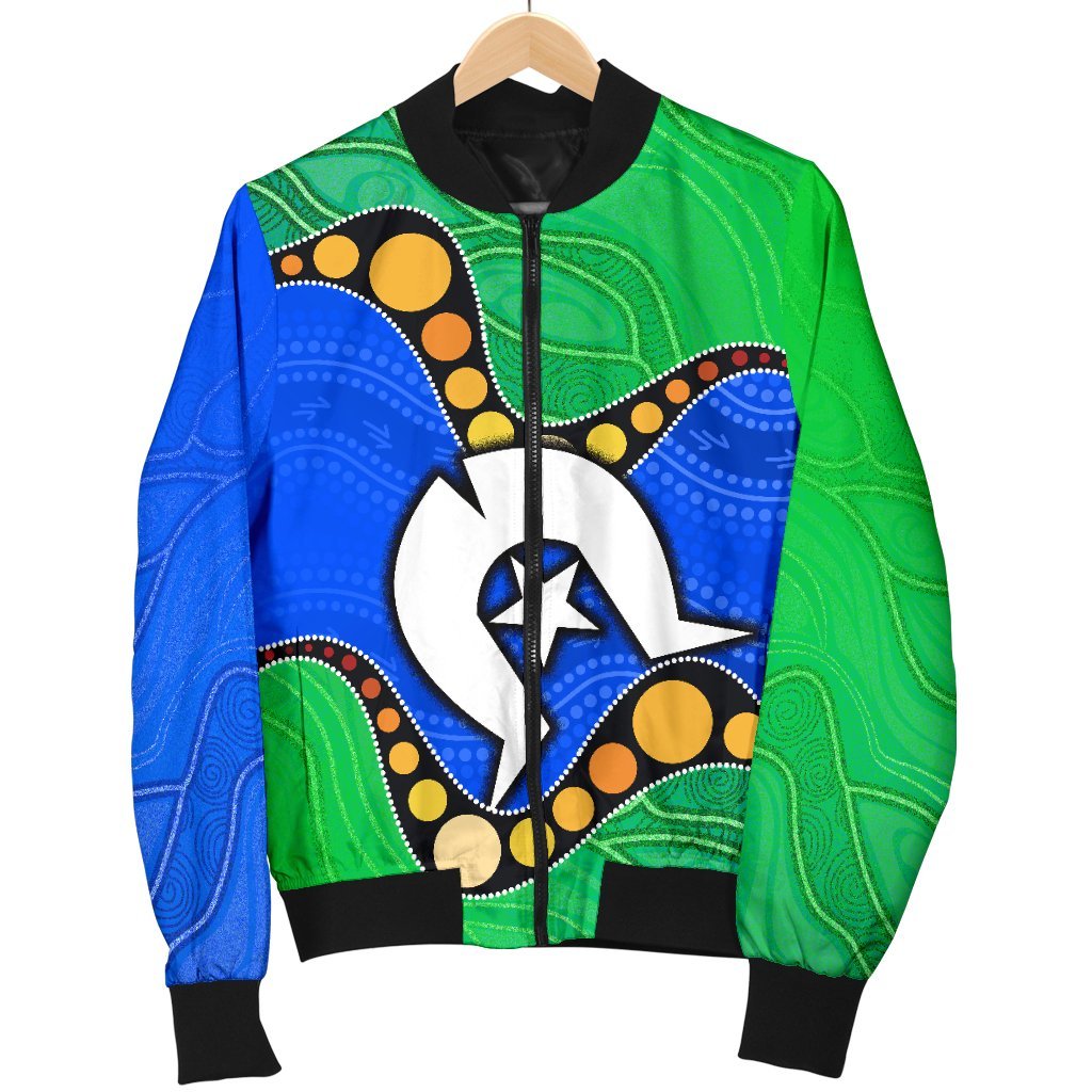 Torres Strait Islands Women's Bomber Jacket - Flag with Aboriginal Patterns - Vibe Hoodie Shop