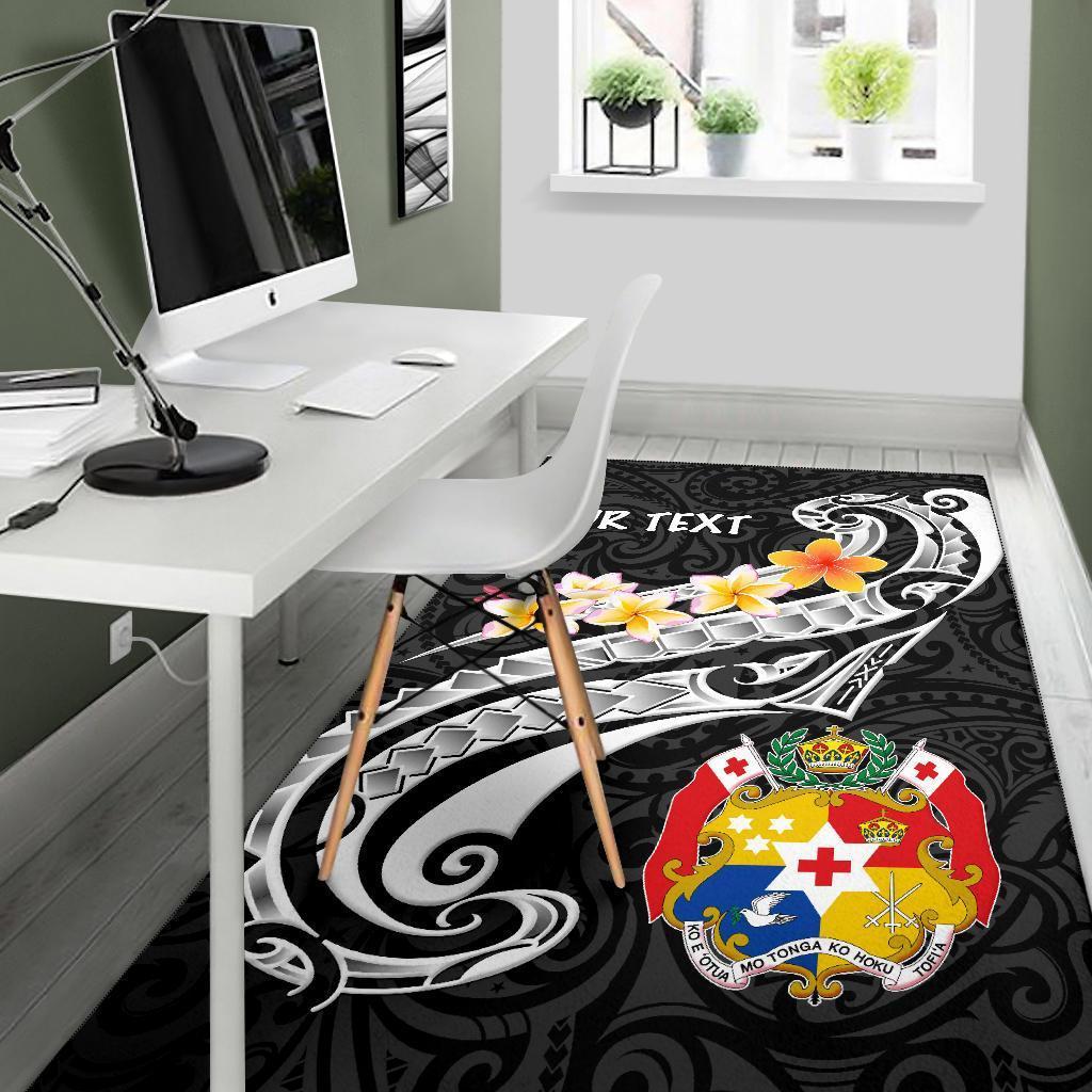 Tonga Custom Personalised Area Rug - Tonga Seal Polynesian Patterns Plumeria (Black) - Vibe Hoodie Shop