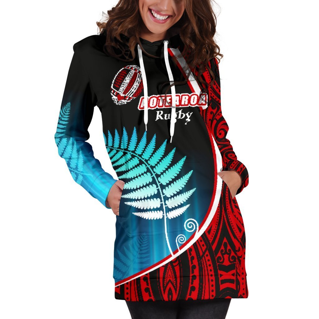 Aotearoa Rugby Black Maori Women Hoodie Dress Kiwi and Silver Fern New Zealand - Vibe Hoodie Shop