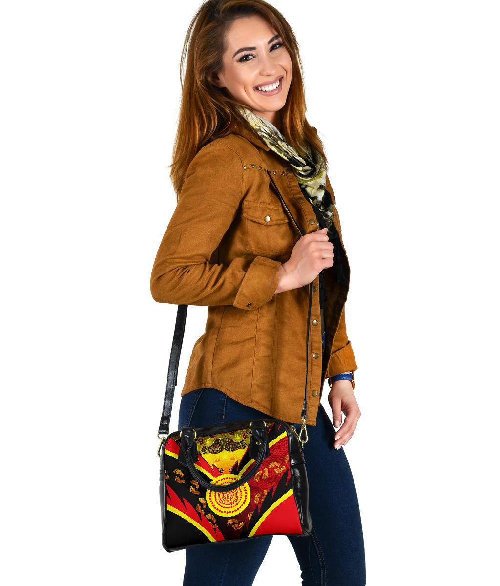 Aboriginal Shoulder Handbag - Indigenous Flag With Footprint Hand Art - Vibe Hoodie Shop