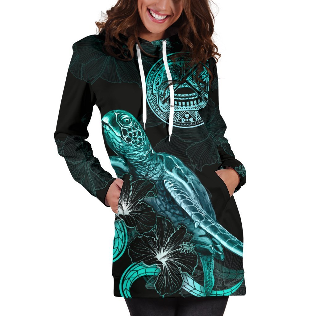 American Samoa Polynesian Hoodie Dress - Turtle With Blooming Hibiscus Turquoise - Vibe Hoodie Shop