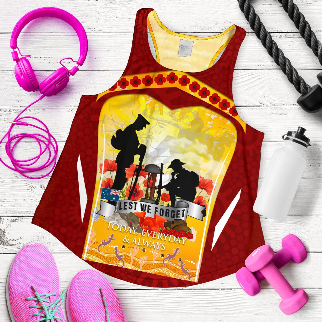 ANZAC Women's Racerback Tank - Lest We Forget Aboriginal Version - Vibe Hoodie Shop