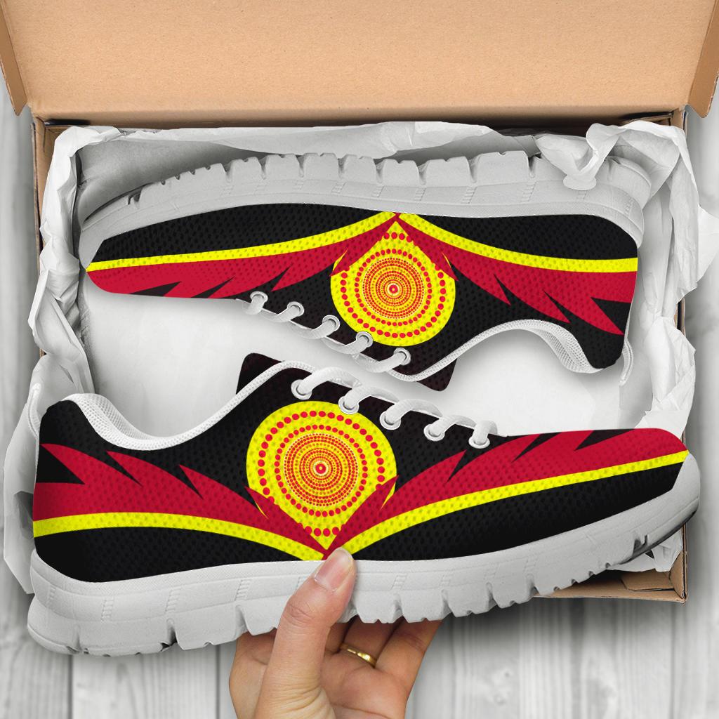 Aboriginal Sneakers - Indigenous Flag With Footprint Hand Art - Vibe Hoodie Shop