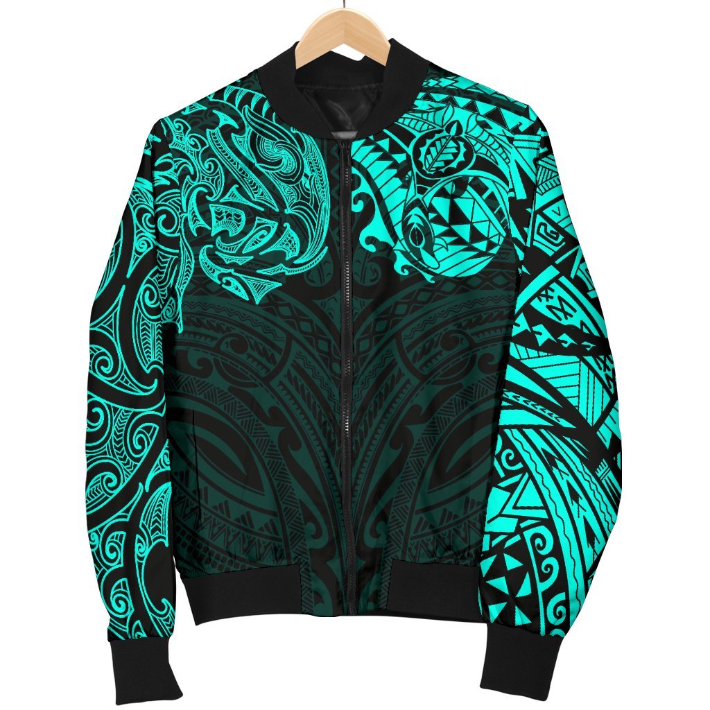 New Zealand Women's Bomber Jacket, Maori Polynesian Tattoo Turquoise - Vibe Hoodie Shop