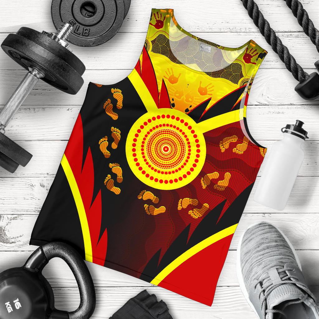 Aboriginal Men's Tank Top - Indigenous Flag With Footprint Hand Art - Vibe Hoodie Shop