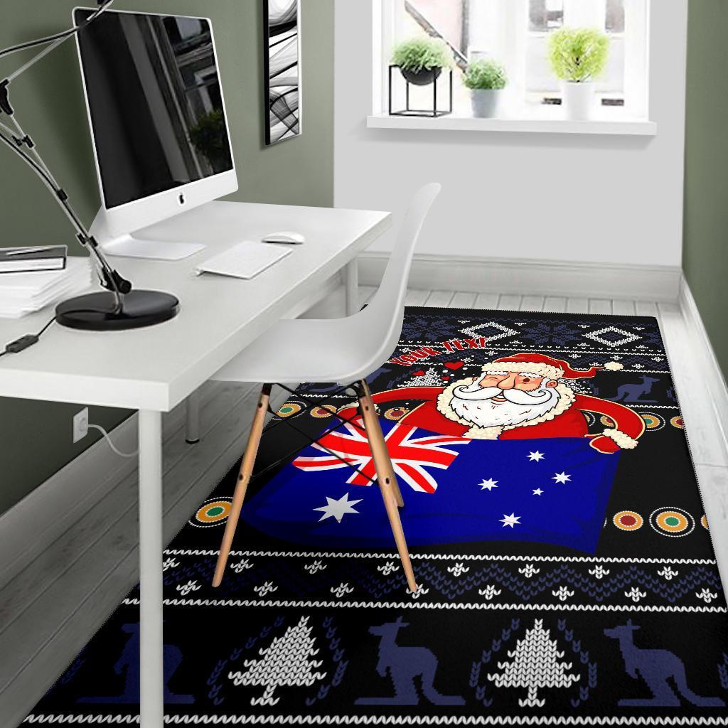 Christmas Personalised Area Rug - Australia Santa Claus Hold The Flag (Black) - Vibe Hoodie Shop