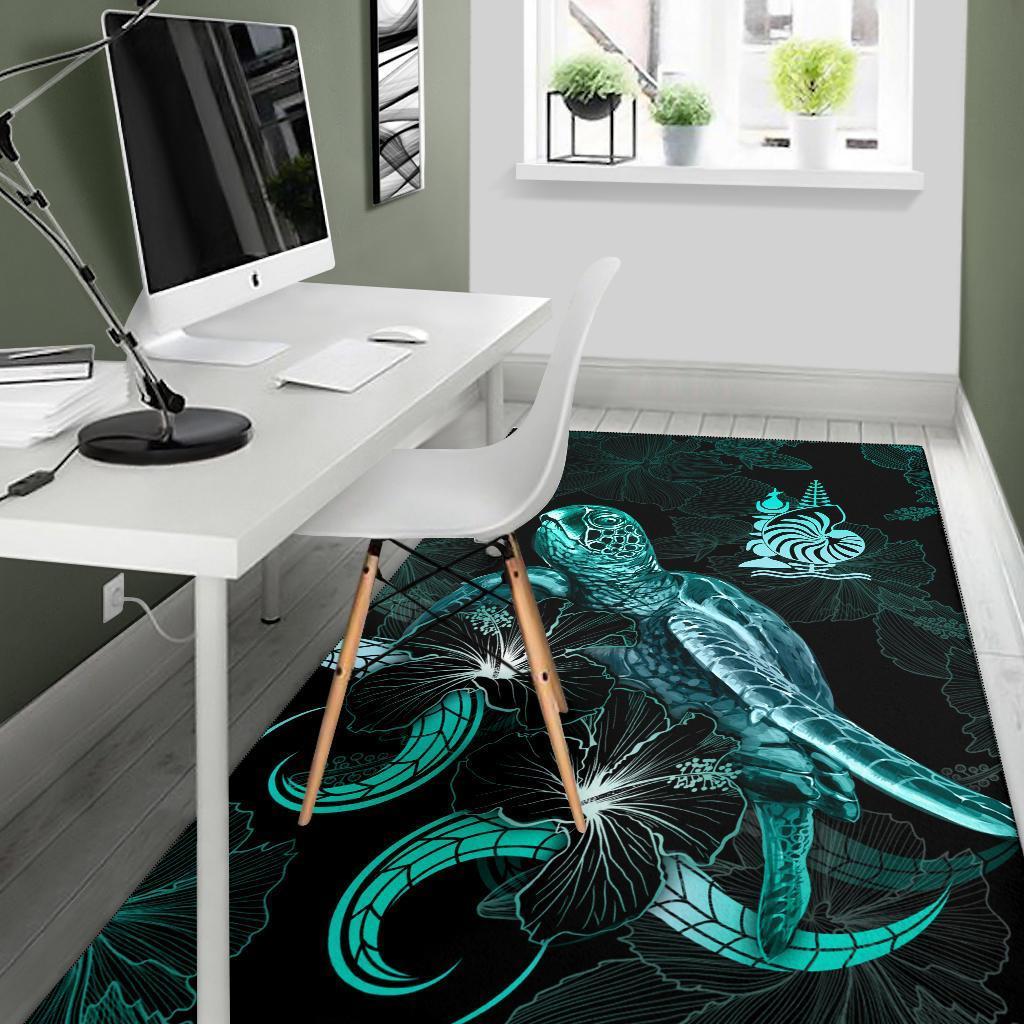 New Caledonia Polynesian Area Rugs - Turtle With Blooming Hibiscus Turquoise - Vibe Hoodie Shop