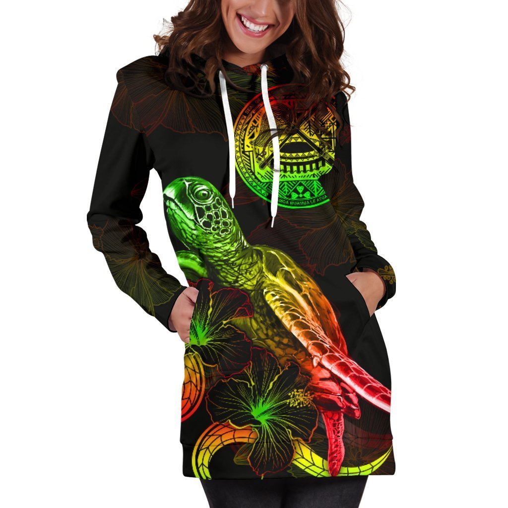 American Samoa Polynesian Hoodie Dress - Turtle With Blooming Hibiscus Reggae - Vibe Hoodie Shop