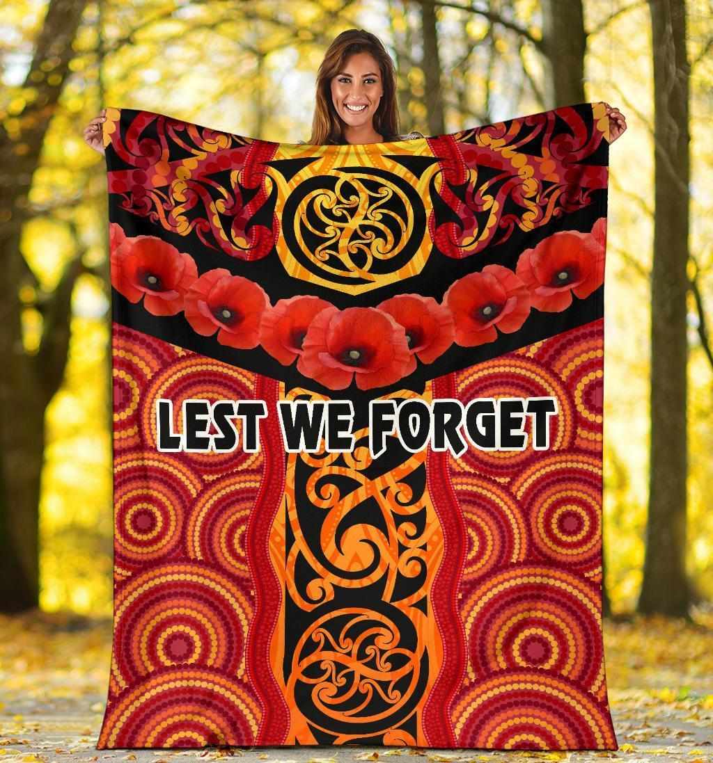 ANZAC Lest We Forget Poppy Premium Blanket New Zealand Maori Silver Fern - Australia Aboriginal - Vibe Hoodie Shop