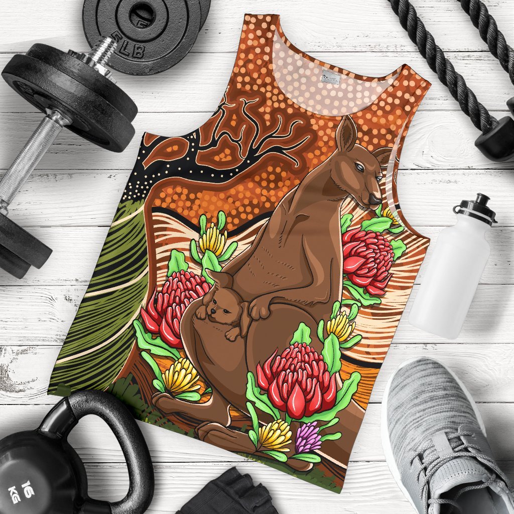 Aboriginal Men's Tank Top - Kangaroo With Indigenous Tree - Vibe Hoodie Shop