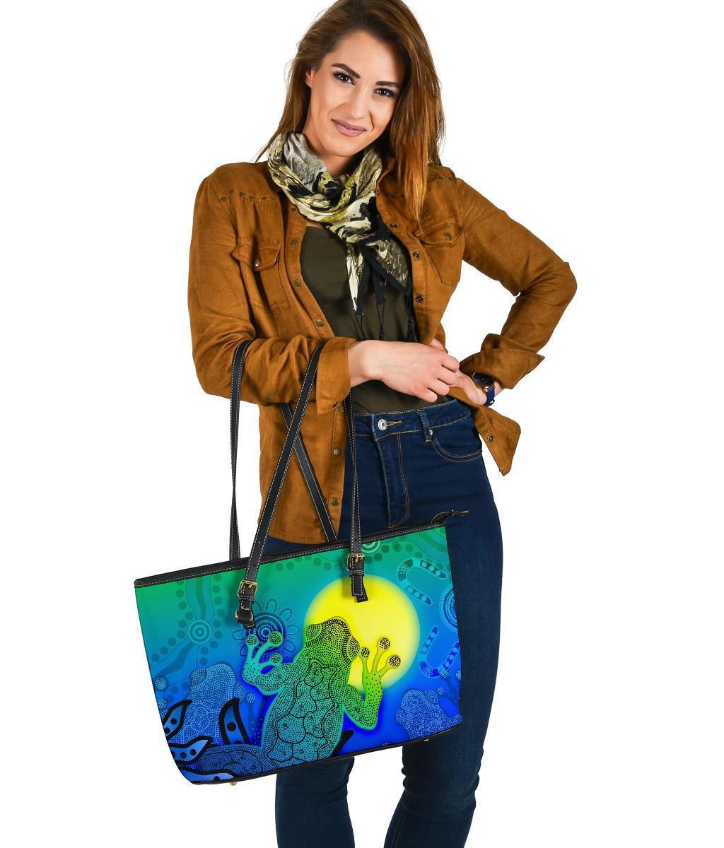 aboriginal-leather-tote-bag-indigenous-frog-blue