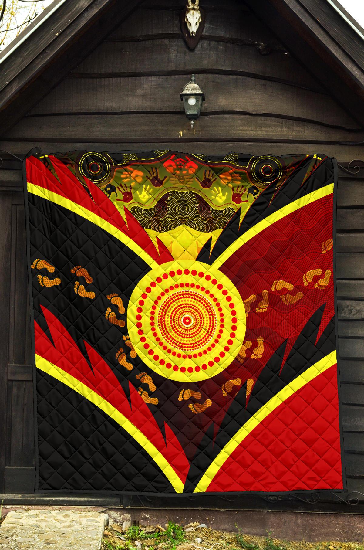 Aboriginal Premium Quilt - Indigenous Flag With Footprint Hand Art - Vibe Hoodie Shop