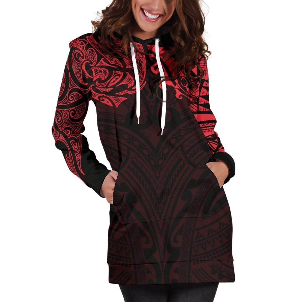 New Zealand Women's Hoodie Dress, Maori Polynesian Tattoo Red - Vibe Hoodie Shop