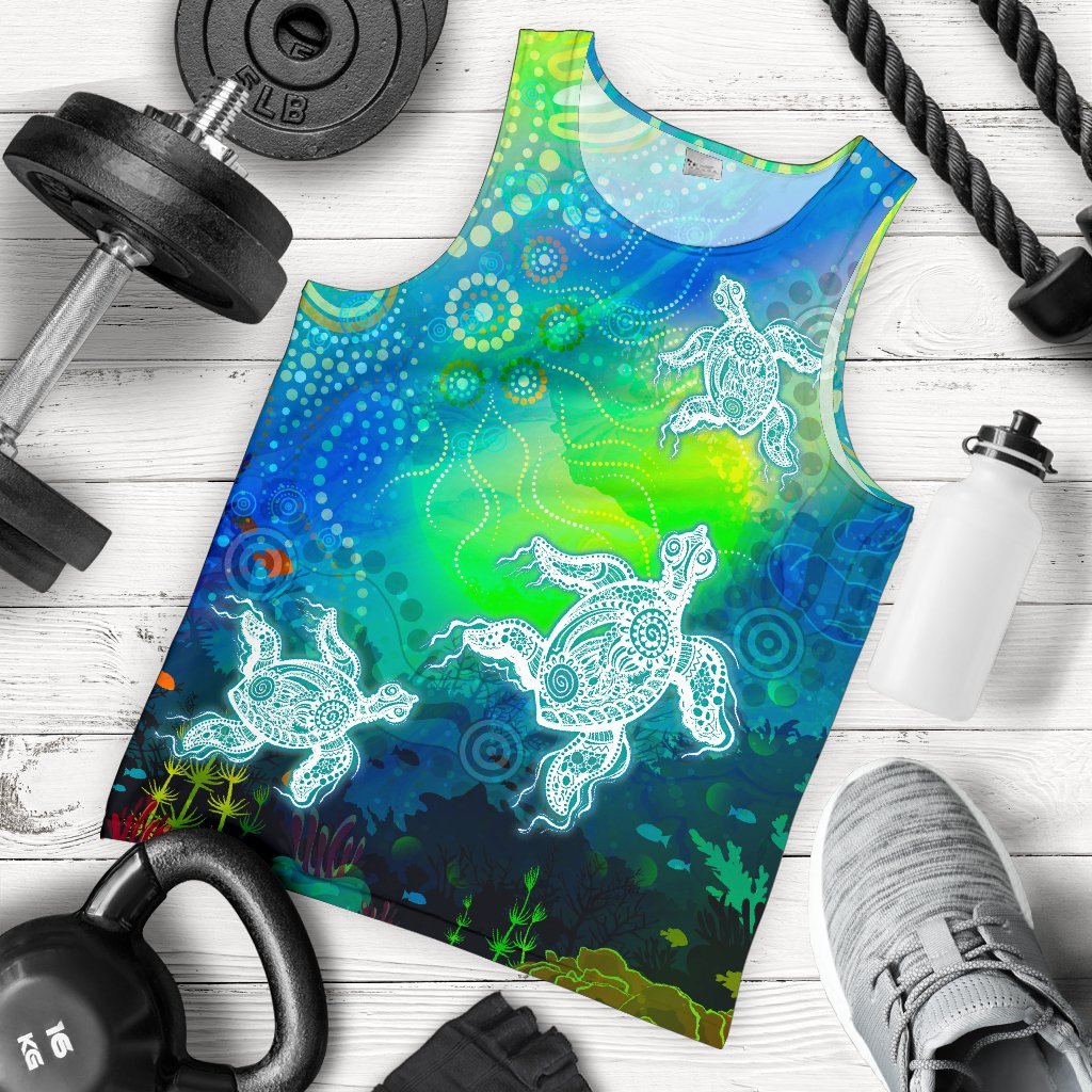 Aboriginal Men's Tank Top - Indigenous Turtle Ocean Dot Painting Art - Vibe Hoodie Shop