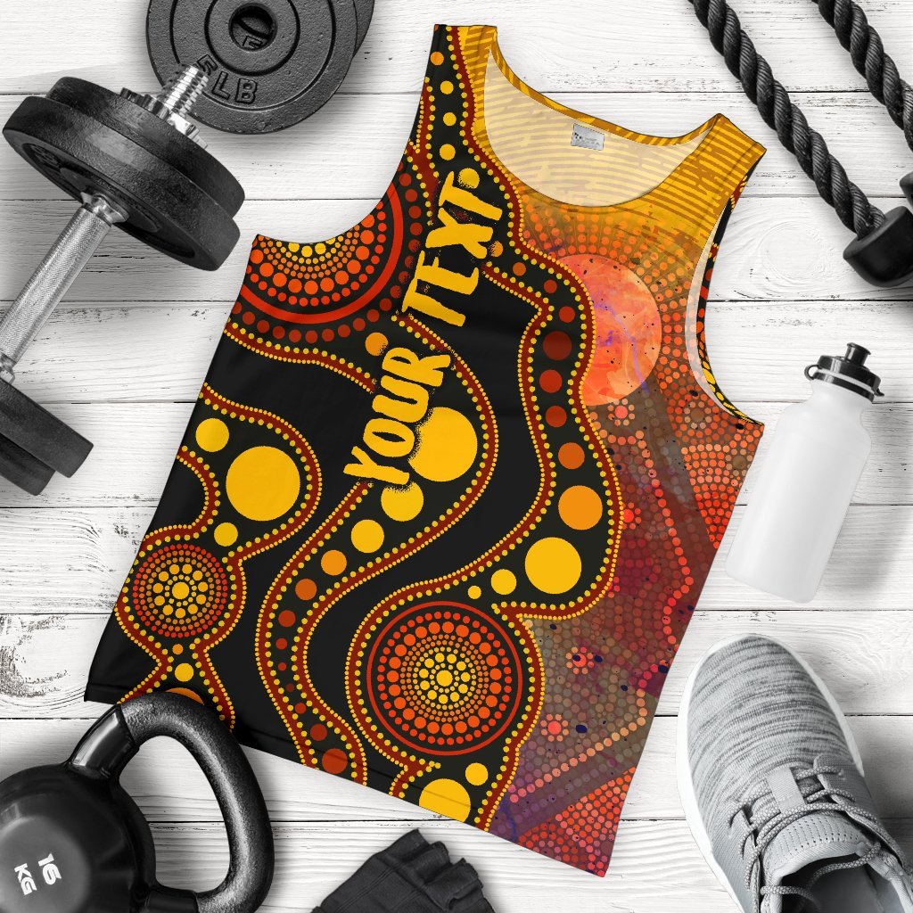 Custom Text Aboriginal Men's Tank Top - Australia Indigenous Flag Circle Dot Painting Art (Golden) - Vibe Hoodie Shop