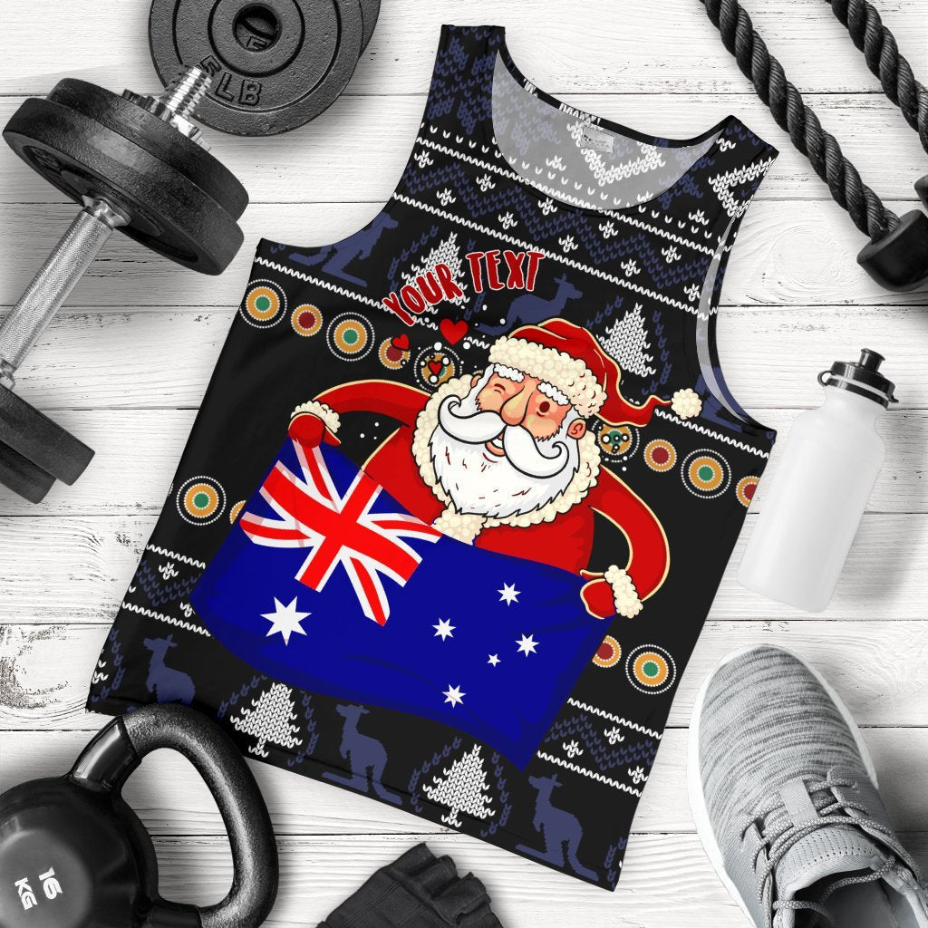 Christmas Personalised Men's Tank Top - Australia Santa Claus Hold The Flag (Black) - Vibe Hoodie Shop