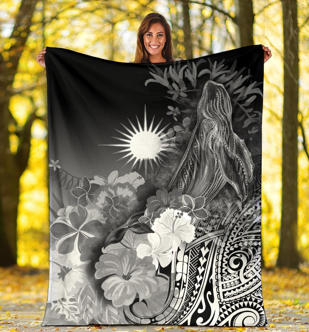 Marshall Islands Premium Blanket - Humpback Whale with Tropical Flowers (White) - Vibe Hoodie Shop