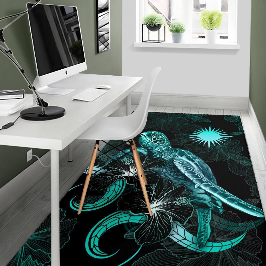 Marshall Islands Polynesian Area Rugs - Turtle With Blooming Hibiscus Turquoise - Vibe Hoodie Shop