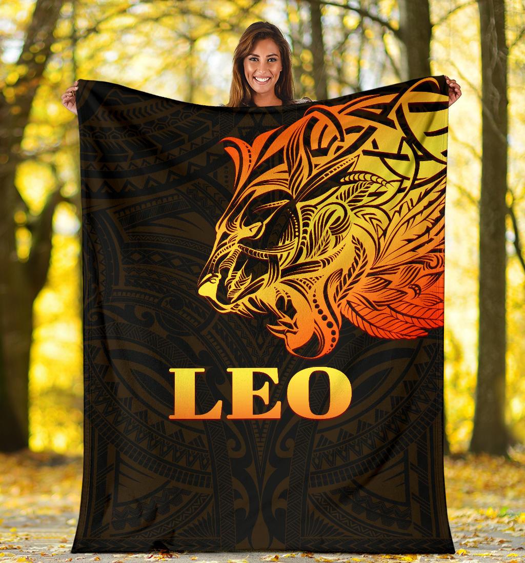 Sun In Leo Zodiac Premium Blanket Polynesian Tattoo Simple - Orange Black - Vibe Hoodie Shop