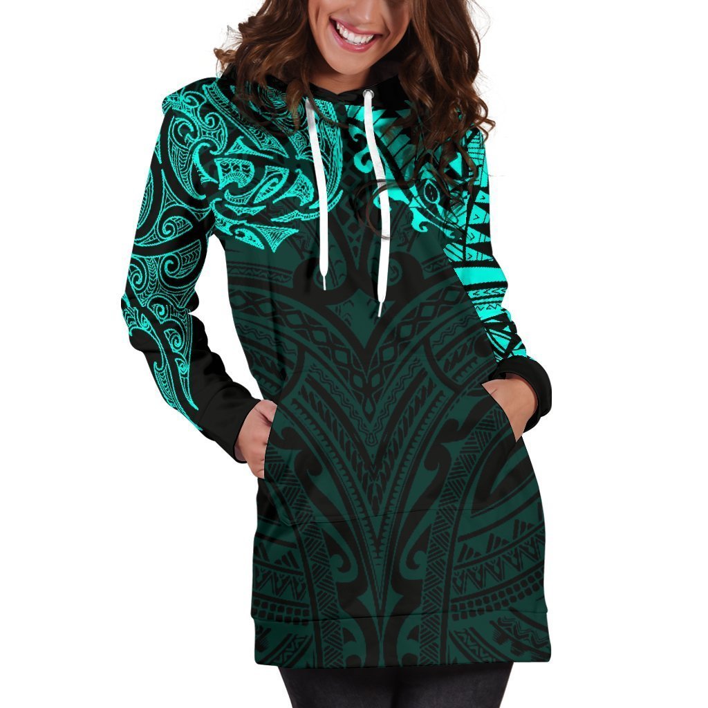 New Zealand Women's Hoodie Dress, Maori Polynesian Tattoo Turquoise - Vibe Hoodie Shop