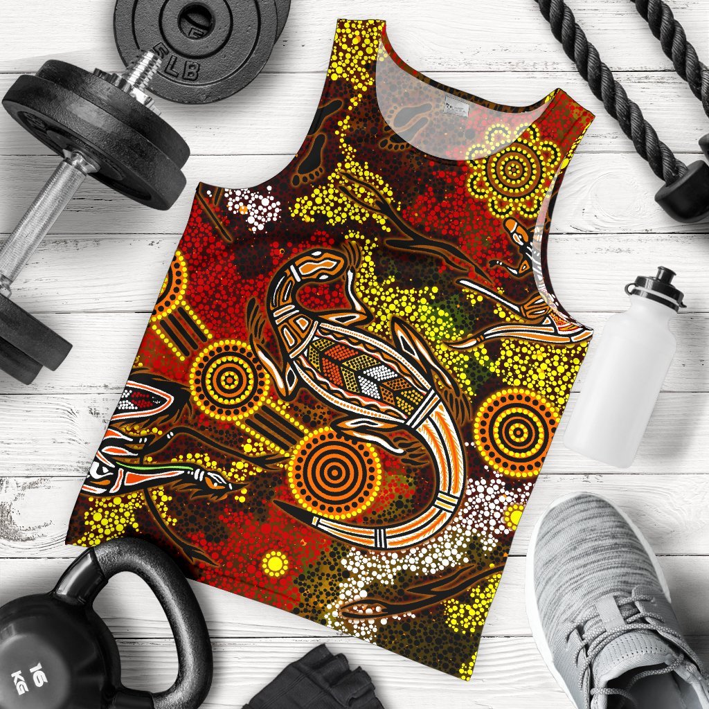 Aboriginal Men's Tank Top, Kangaroo and Lizard Dot Painting Art - Vibe Hoodie Shop