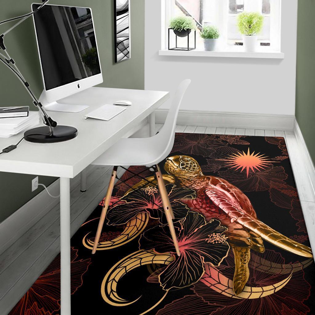 Marshall Islands Polynesian Area Rugs - Turtle With Blooming Hibiscus Gold - Vibe Hoodie Shop