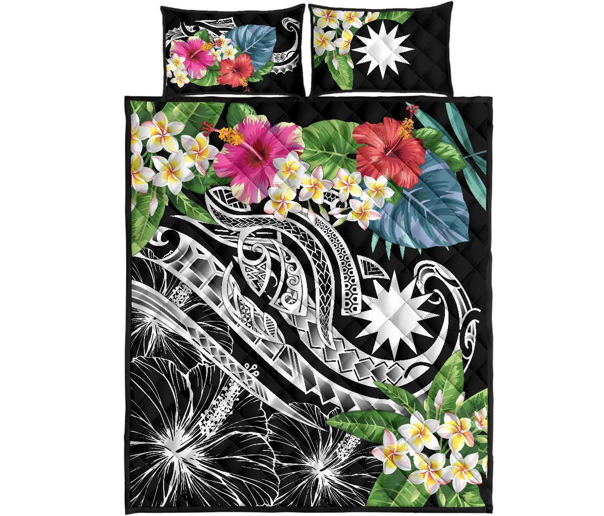 Nauru Polynesian Quilt Bed Set - Summer Plumeria (Black) - Vibe Hoodie Shop