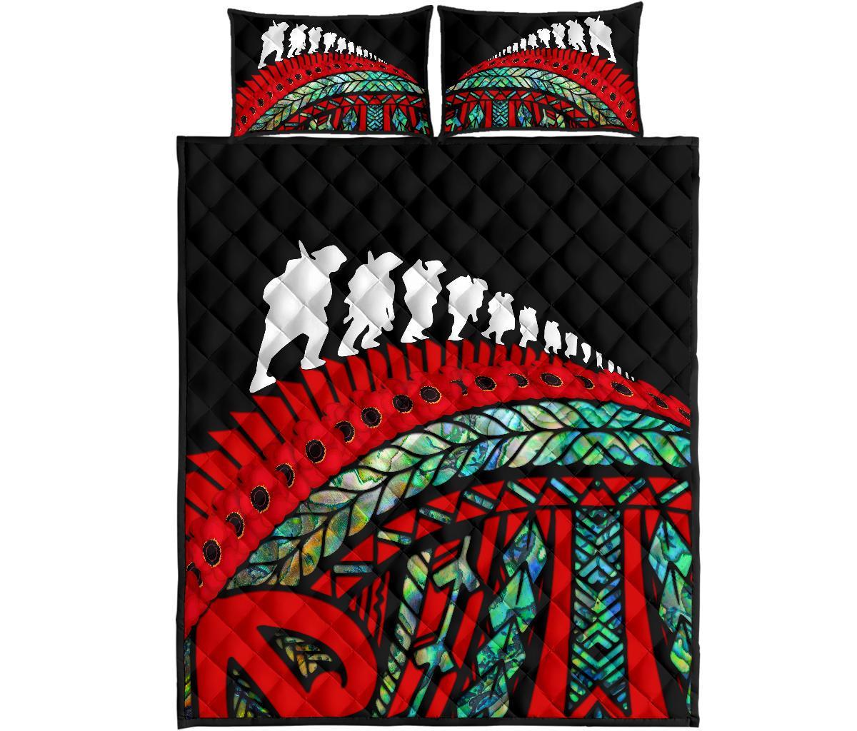 ANZAC New Zealand Quilt Bed Set, Poppies Lest We Forget Maori Soldiers Paua - Vibe Hoodie Shop