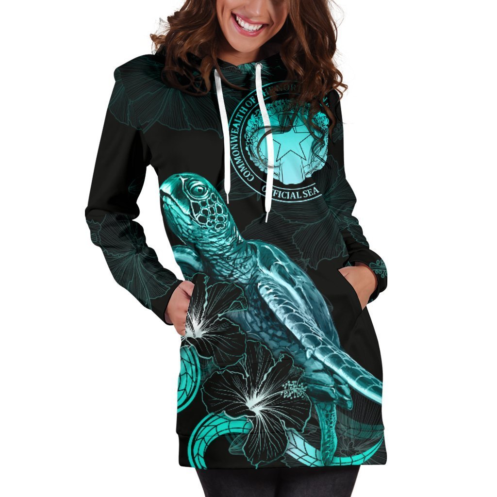 CNMI Polynesian Hoodie Dress - Turtle With Blooming Hibiscus Turquoise - Vibe Hoodie Shop