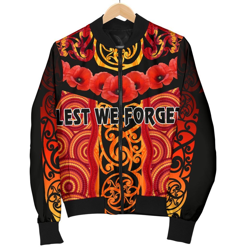 ANZAC Lest We Forget Poppy Women Bomber Jacket New Zealand Maori Silver Fern - Australia Aboriginal - Vibe Hoodie Shop