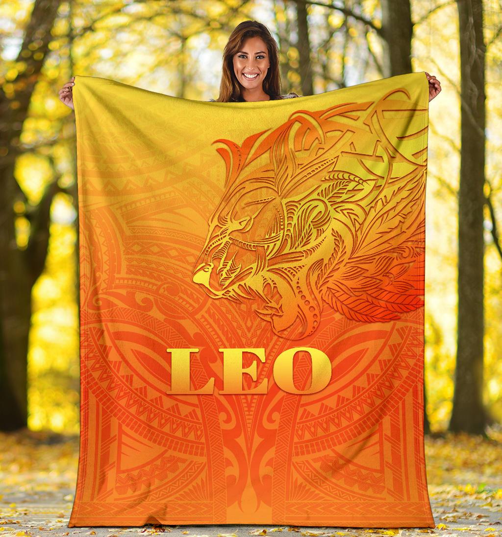 Sun In Leo Zodiac Premium Blanket Polynesian Tattoo Simple - Orange - Vibe Hoodie Shop