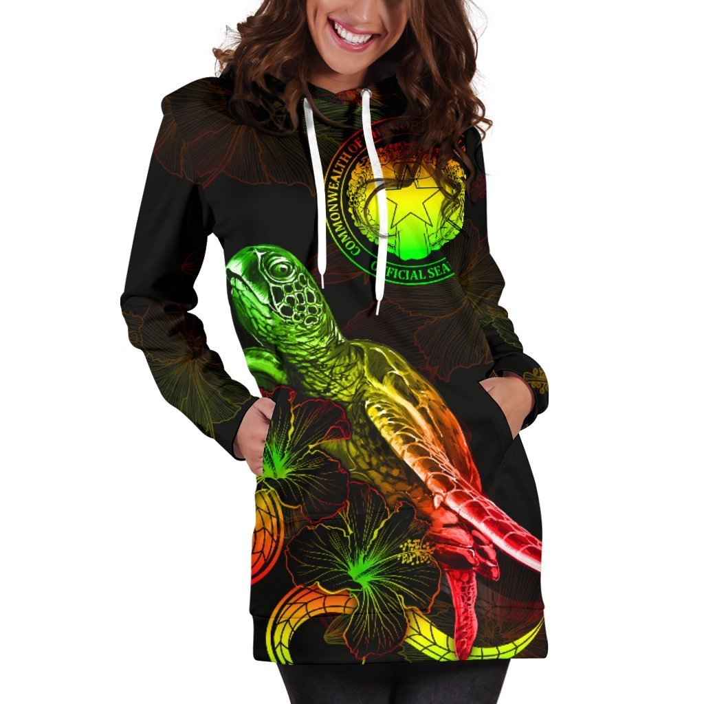 CNMI Polynesian Hoodie Dress - Turtle With Blooming Hibiscus Reggae - Vibe Hoodie Shop