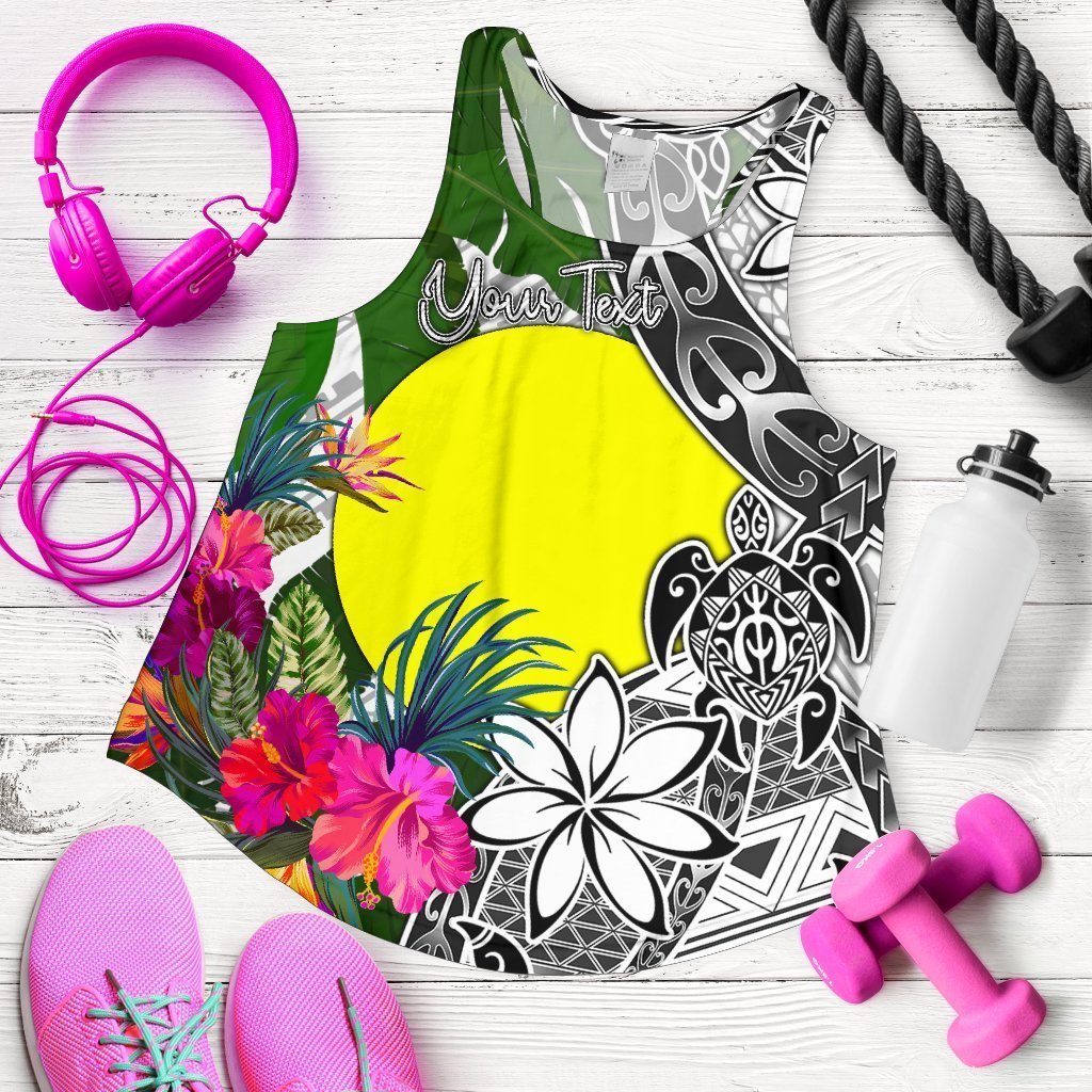 Palau Custom Personalised Women's Racerback Tank White - Turtle Plumeria Banana Leaf - Vibe Hoodie Shop