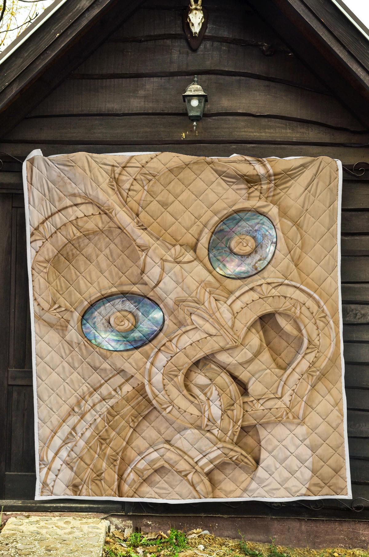 New Zealand Maori Quilt, Tiki With Paua Shell Eyes Quilt Blanket - Vibe Hoodie Shop